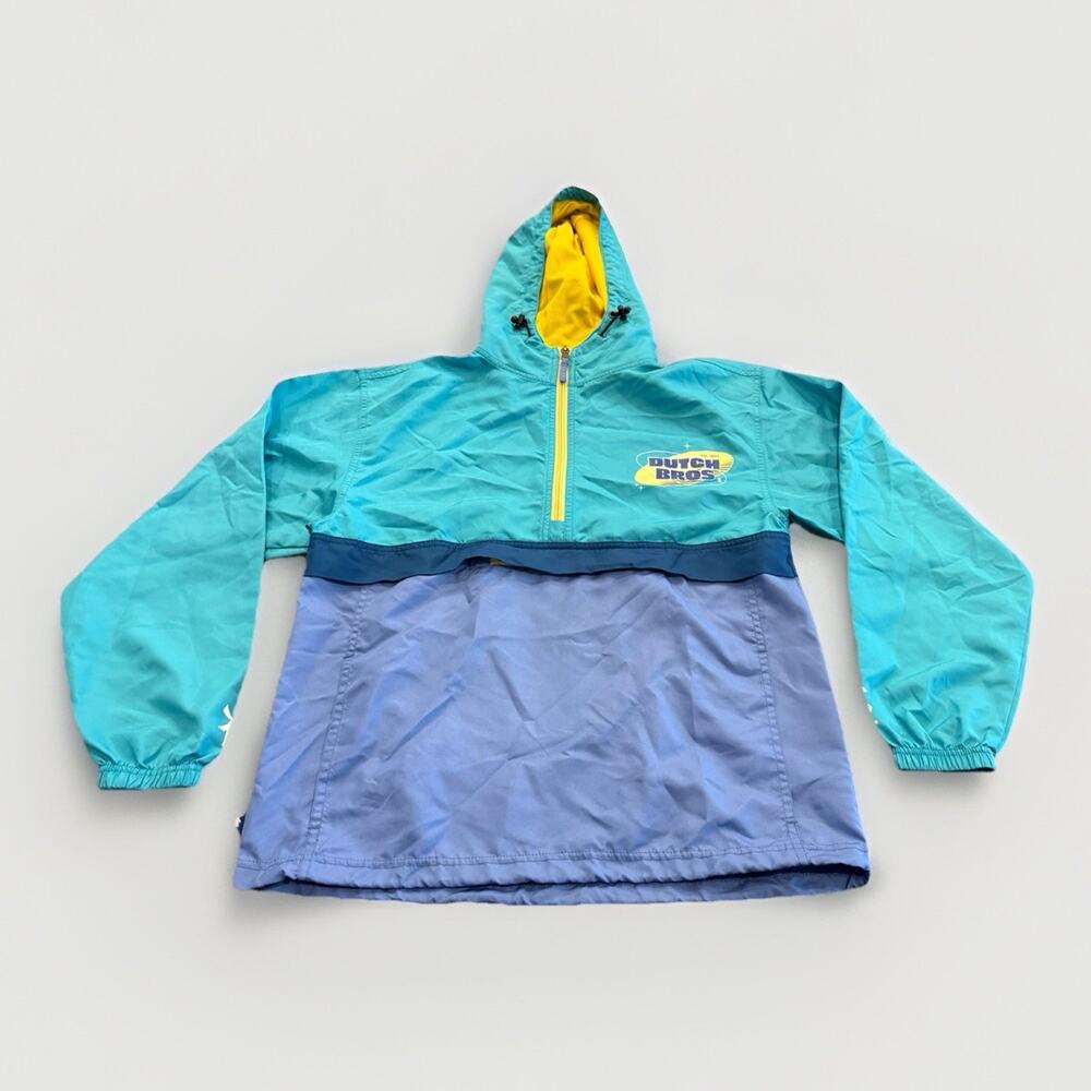 Dutch Bros Mens Blue Teal Yellow Hooded Windbreaker Retro Jacket Size S Small